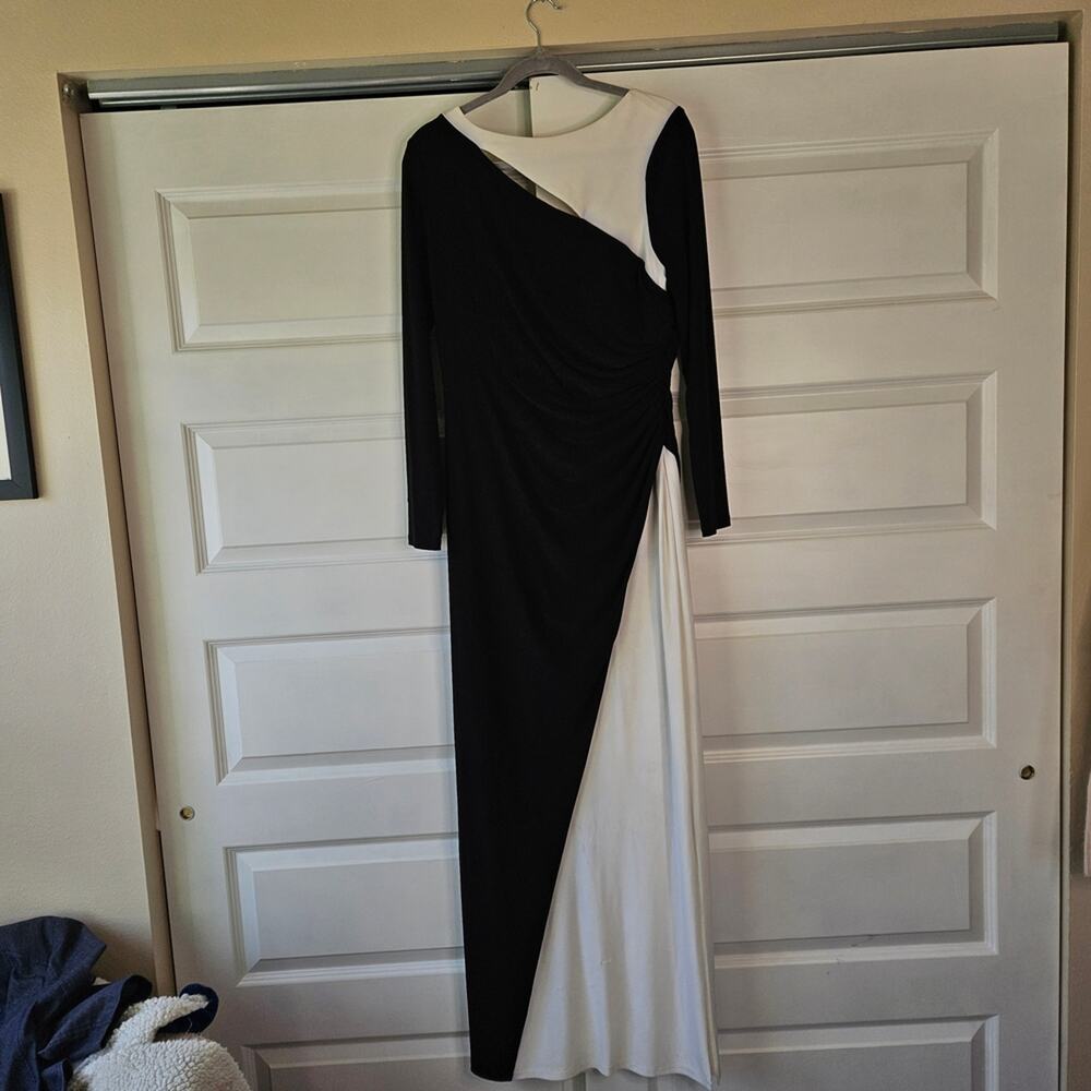 Lauren Ralph Lauren Size 14 Black White Colorblock Maxi Gown Cutout Side Slit 58 - Picture 3 of 7
